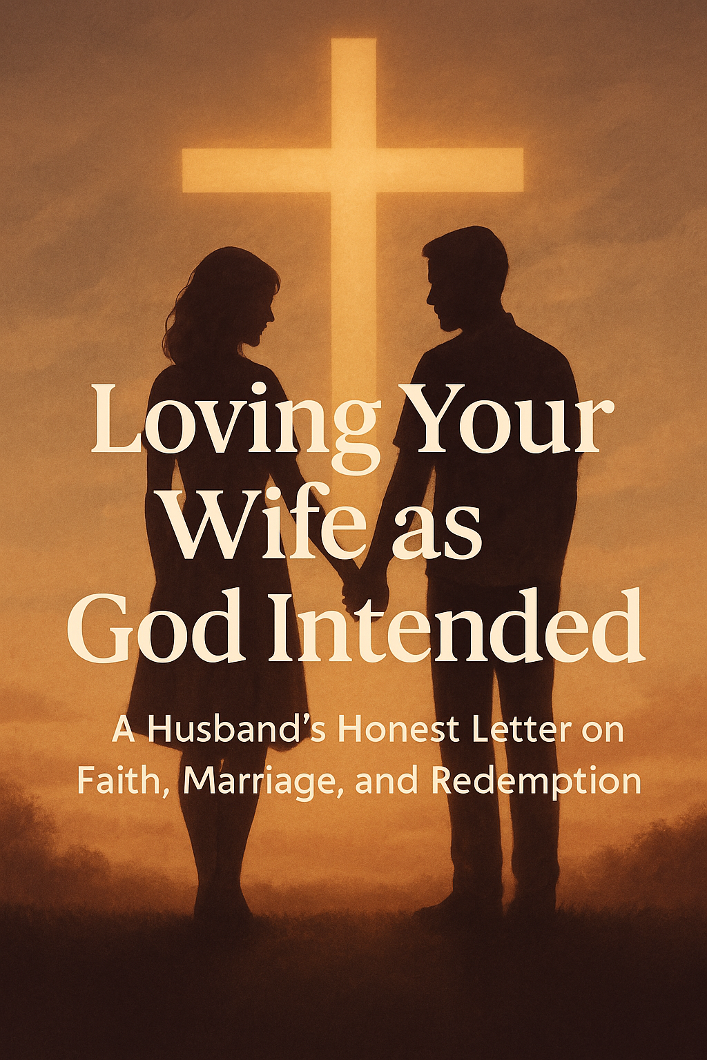 Christian marriage image - husband and wife silhouette in front of a glowing cross with the text 'Loving Your Wife as God Intended: A Husband’s Honest Letter on Faith, Marriage, and Redemption'
