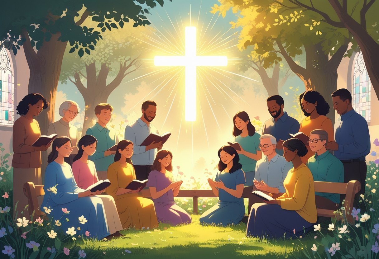 A group of people gathered peacefully in a garden near a glowing cross, reading Bibles, praying, and sharing fellowship.
