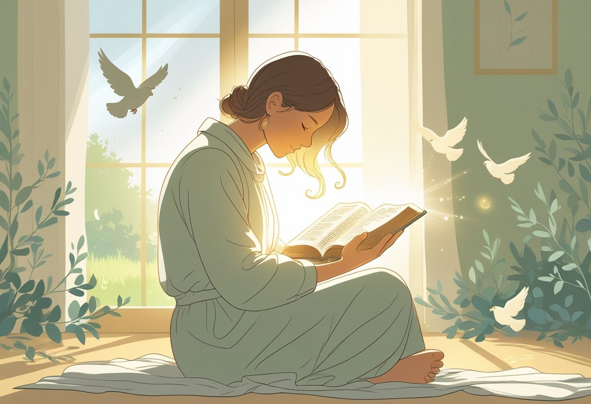 A person sitting peacefully, holding an open Bible with light shining on it, surrounded by symbols of faith and nature.