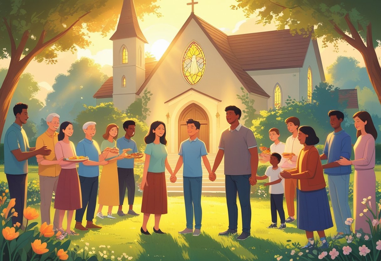 A diverse group of people holding hands and sharing acts of kindness near a church surrounded by trees and flowers.